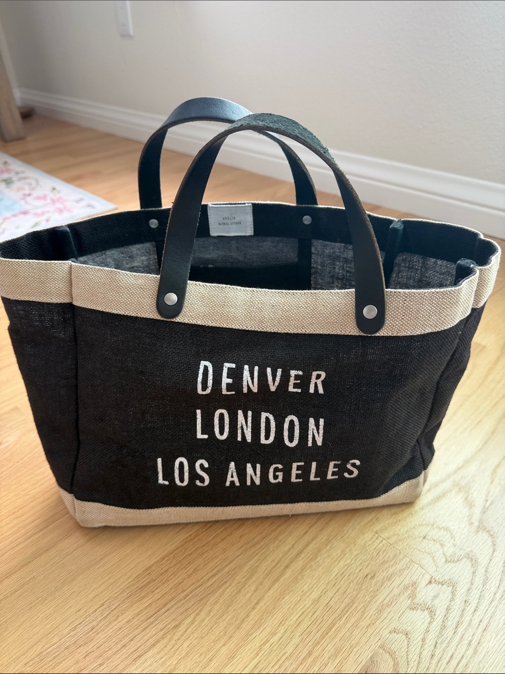 Apolis Canvas Market City Tote Bag with Leather Handles - Black and Cream
